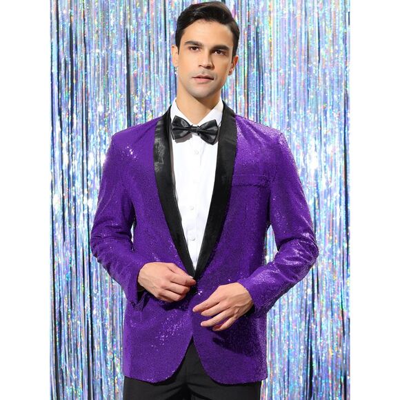 Sequin Sport Coats Shawl Lapel One Button Wedding Shiny Blazer Purple - Picture 2 of 6